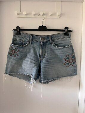 Light Blue Distressed Denim Cut-Off Shorts with Floral Embroidery, Size L